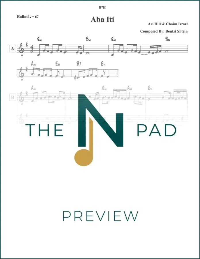 Sheet music for "Aba Iti" by Ari Hill from The Notation Pad, featuring a two-line musical score.