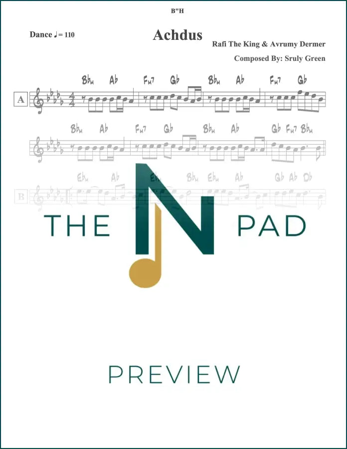 Sheet music for "Achdus" by Raffi The King, published by The Notation Pad, showing musical notes on a lead sheet.