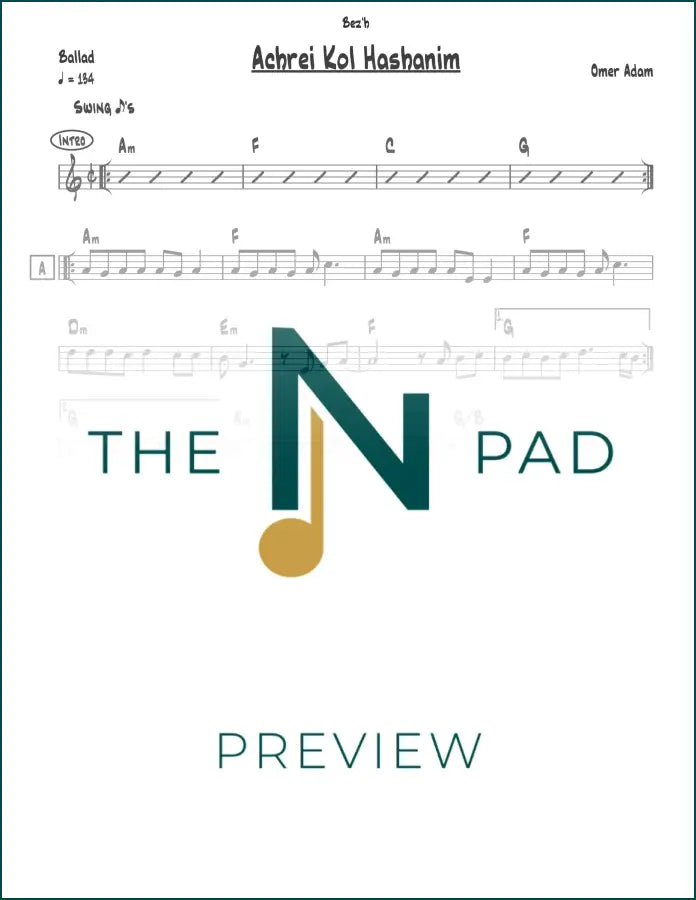 Sheet music for Achrei Kol Hashanim by Omer Adam, published by The Notation Pad, showing musical notes on a printed score.