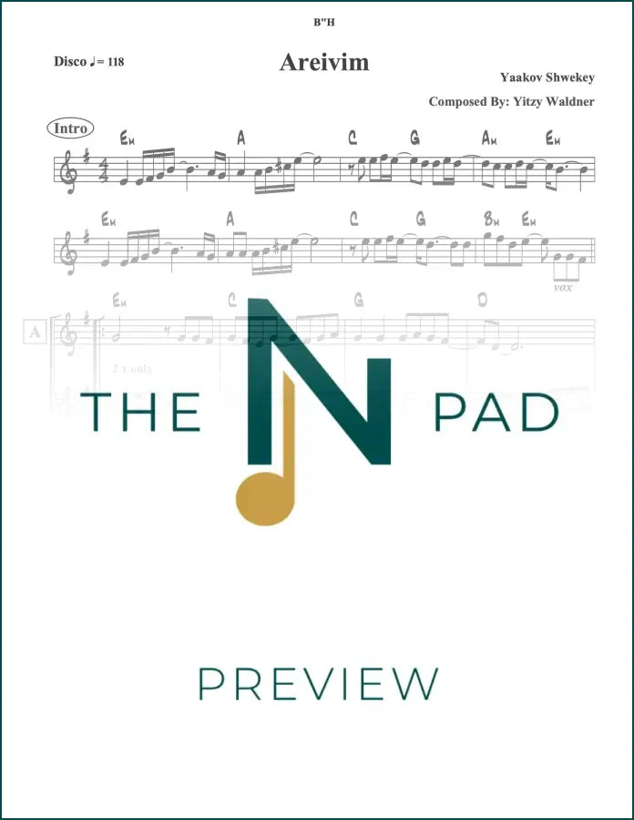 Sheet music for Areivim by Shwekey, two-line notation from The Notation Pad, featuring musical notes and staff lines.