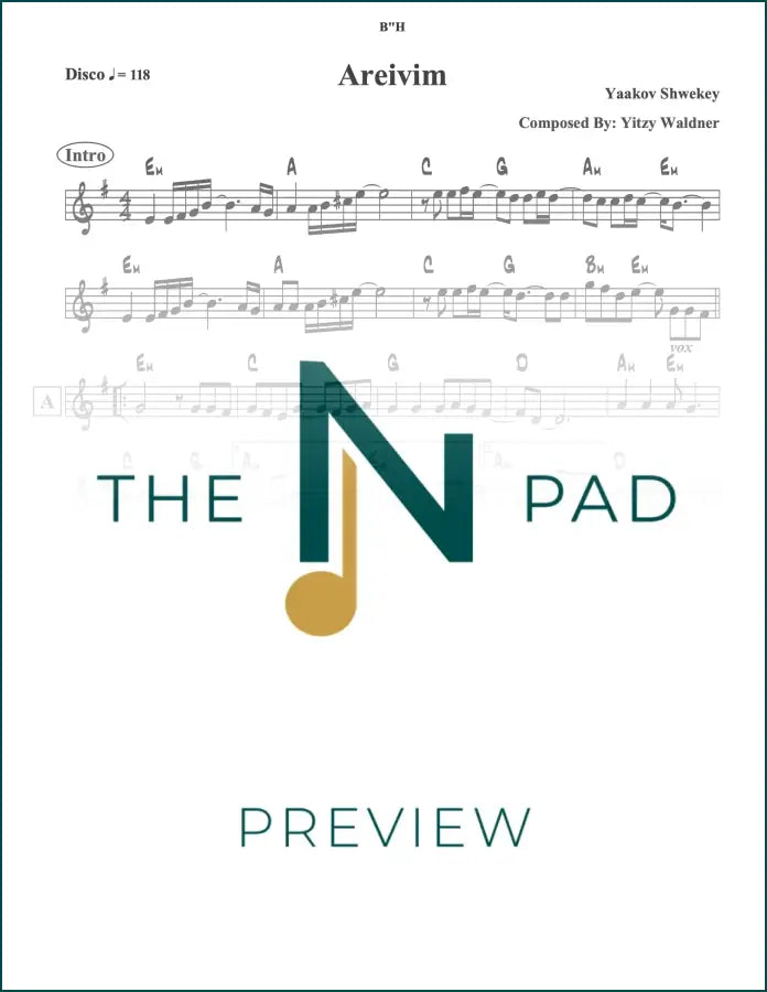 Sheet music for "Areivim" by Shwekey, published by The Notation Pad, showing musical notes and lyrics on a lead sheet.