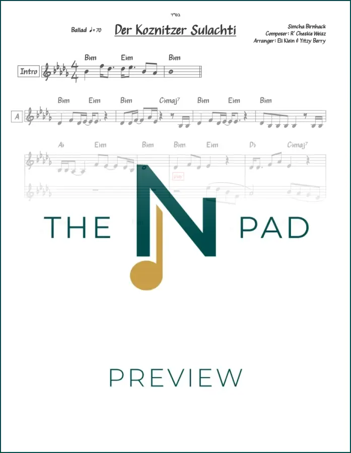 Sheet music for Der Koznitzer Sulachti by Cheskie Weisz, two-line notation from The Notation Pad.