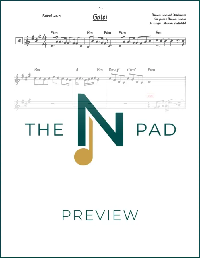 Sheet music titled Galei - Levine / Marcus by The Notation Pad, featuring a two-liner musical score for performance.