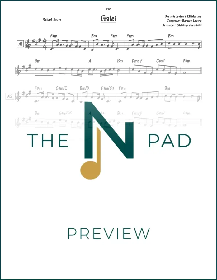 Sheet music for Galei by Levine and Marcus from The Notation Pad, featuring a detailed lead sheet on a music stand.