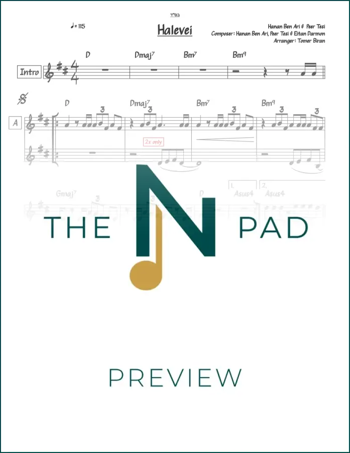 Sheet music for Halevei by Hanan Ben Ari, two-line notation from The Notation Pad, featuring musical notes on a clean staff.