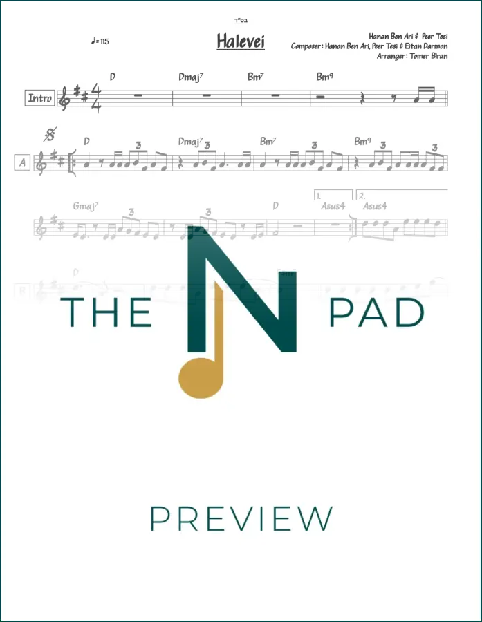 Halevei sheet music by Hanan Ben Ari, lead sheet from The Notation Pad, featuring musical notes on a printed music sheet.