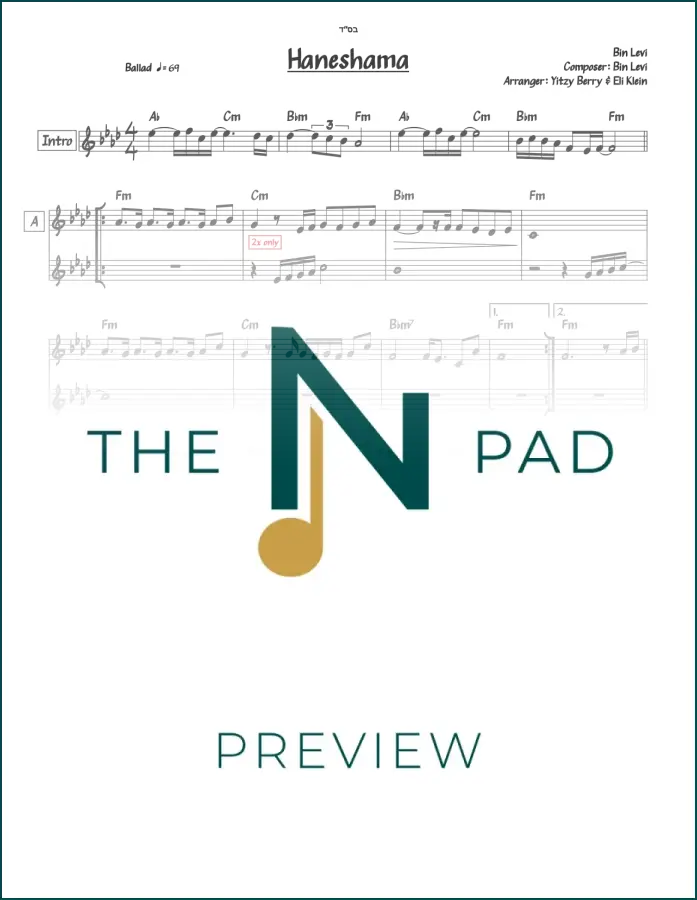 Sheet music for "Haneshama" by Bin Levi, published by The Notation Pad, showing musical notation on a printed sheet.