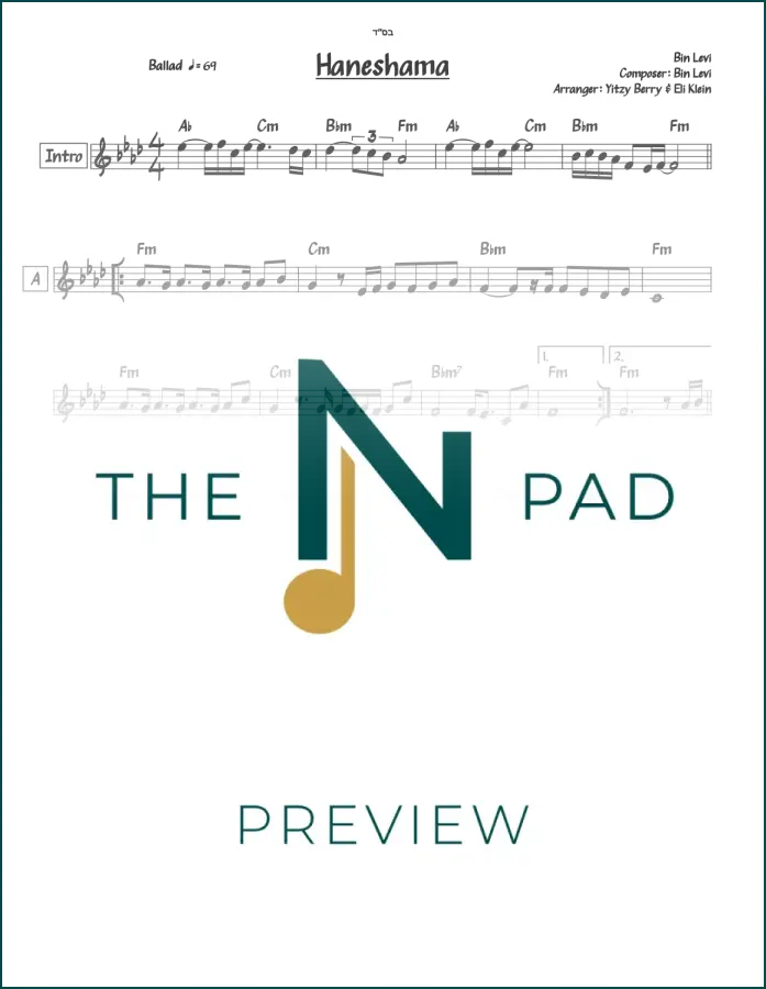 Lead sheet music for "Haneshama" by Bin Levi, published by The Notation Pad, featuring musical notation on the sheet.
