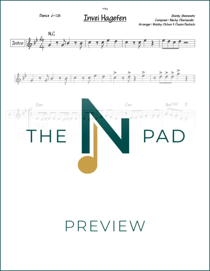 Sheet music titled "Invei Hagefen" by Shmily Steinmetz from The Notation Pad, featuring a two-line musical score.