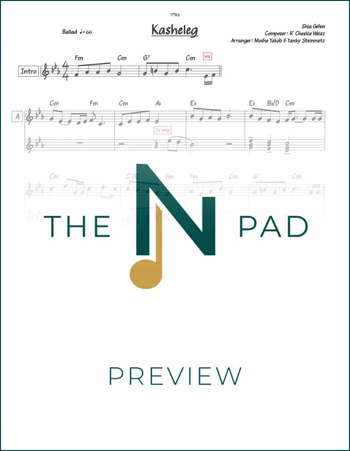 Two-line sheet music for Kasheleg by Cheskie Weisz from The Notation Pad, showing musical notes on a page.
