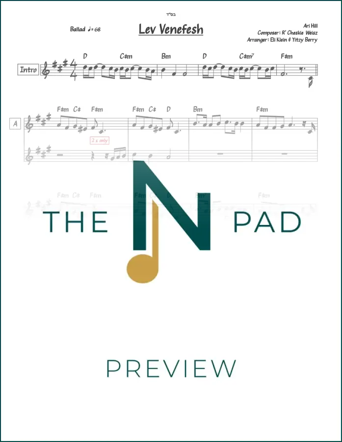 Two-line sheet music for Lev Venefesh by Cheskie Weisz, published by The Notation Pad, displayed on a music stand.