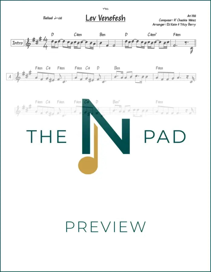 Sheet music for "Lev Venefesh" by Cheskie Weisz, published by The Notation Pad, showing musical notes on a lead sheet.