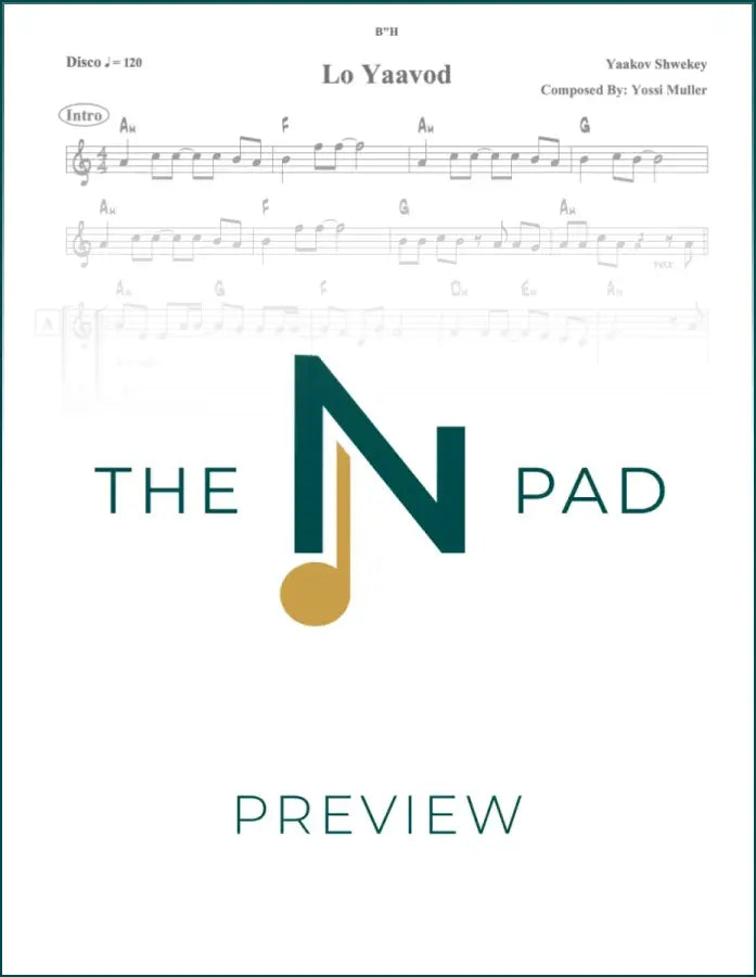 Sheet music for "Lo Yaavod" by Shwekey, two-line notation from The Notation Pad, featuring musical notes on a printed sheet.