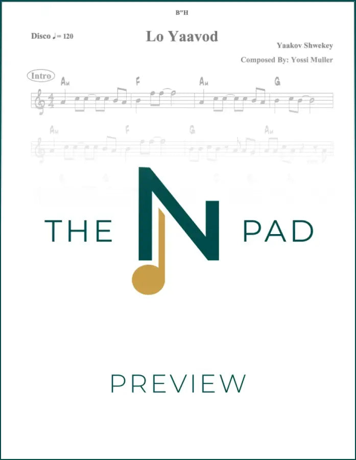 Sheet music for "Lo Yaavod" by Shwekey from The Notation Pad, displaying musical notes and lyrics on a lead sheet.