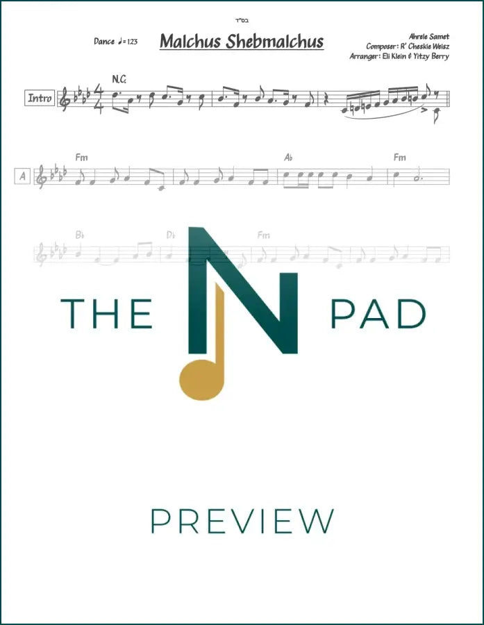Lead sheet music for "Malchus Shebmalchus" by Cheskie Weisz, published by The Notation Pad, featuring musical notation on white paper.