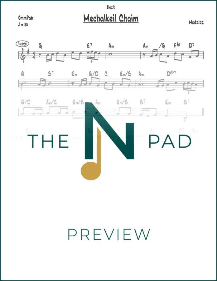 Sheet music for Mechalkeil Chaim by Modzitz from The Notation Pad, featuring musical notes and notation on the lead sheet.