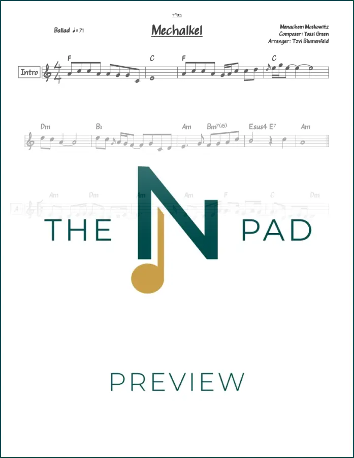 Sheet music titled "Mechalkel" by Moskowitz from The Notation Pad, showing musical notes on a lead sheet.