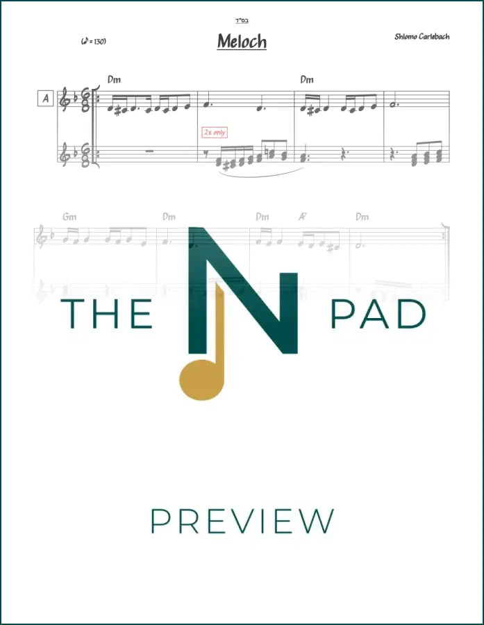 Sheet music for Meloch - Carlebach by The Notation Pad, showing a two-line musical staff with notes and lyrics.