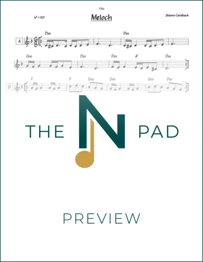 Sheet music for "Meloch - Carlebach" by The Notation Pad, featuring lead sheet music for piano and vocals.