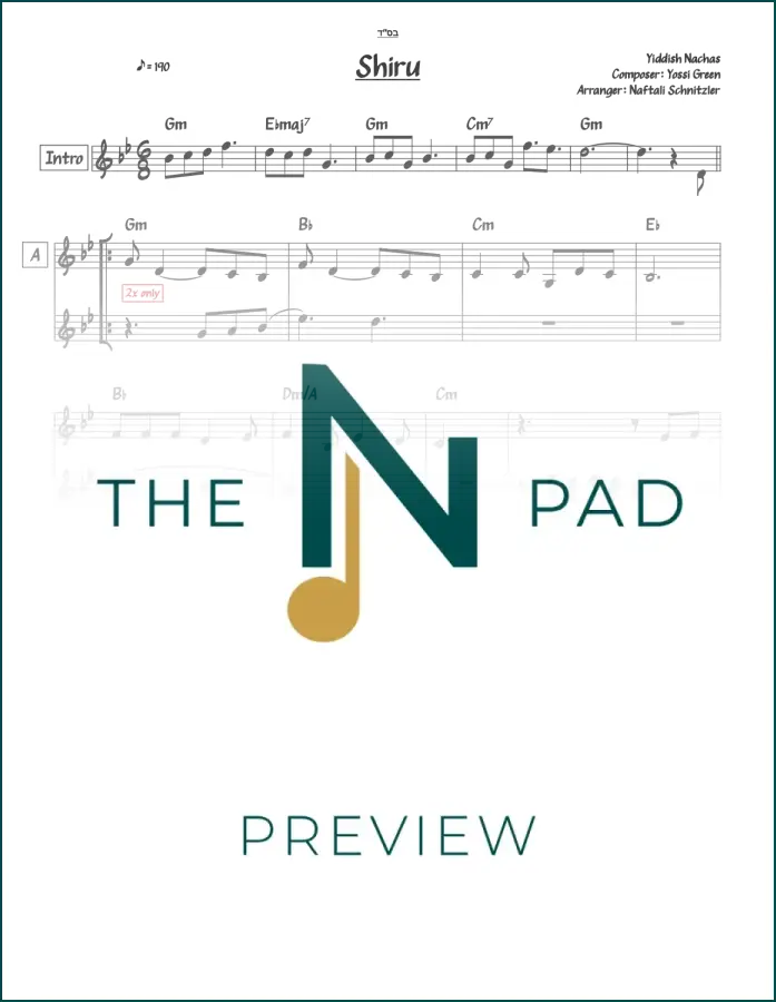 Sheet music for "Yiddish Nachas" by Shiru, two-line notation from The Notation Pad, featuring traditional Yiddish song lyrics.