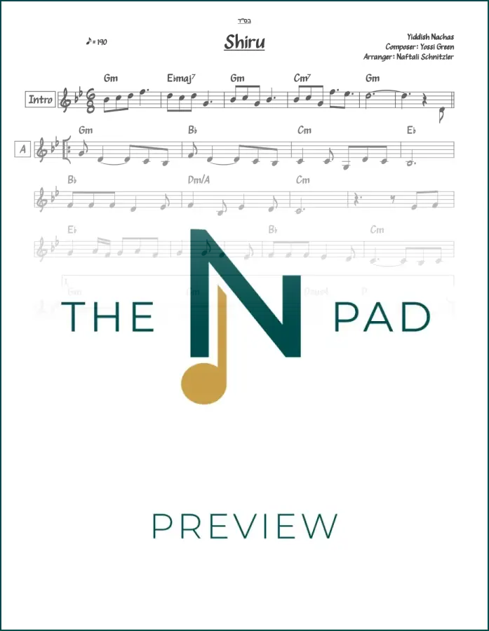 Sheet music for "Yiddish Nachas" by Shiru, a lead sheet from The Notation Pad, featuring musical notation and lyrics.