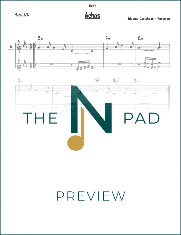 Sheet music for "Achas" by Carlebach, published by The Notation Pad, featuring musical notes on a printed lead sheet.
