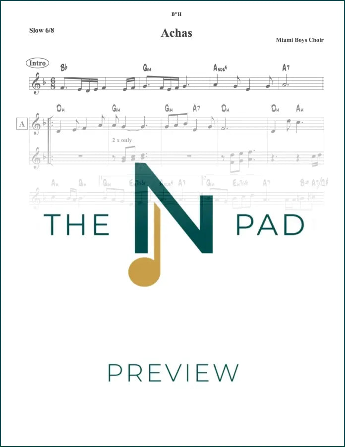 Sheet music for Achas by MBC from The Notation Pad, featuring a lead sheet with musical notation on white paper.