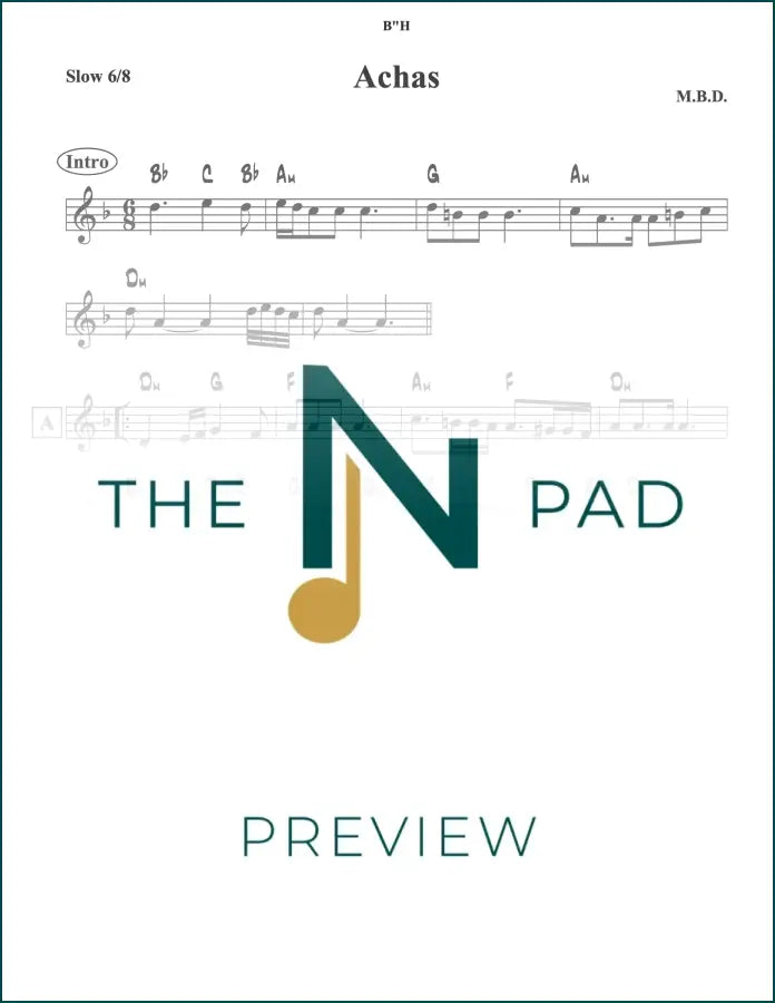 Sheet music titled "Achas - MBD" by The Notation Pad, featuring a lead sheet with musical notation on a clean background.