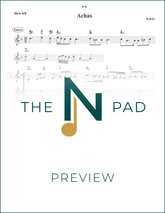 Sheet music titled "Achas - MBD" by The Notation Pad, featuring lead sheet notation for piano and vocals.