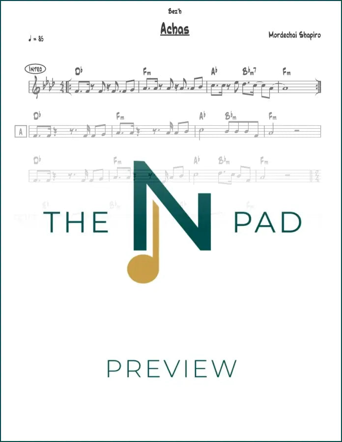 Sheet music for "Achas" by Shapiro from The Notation Pad, showing musical notes on a lead sheet.