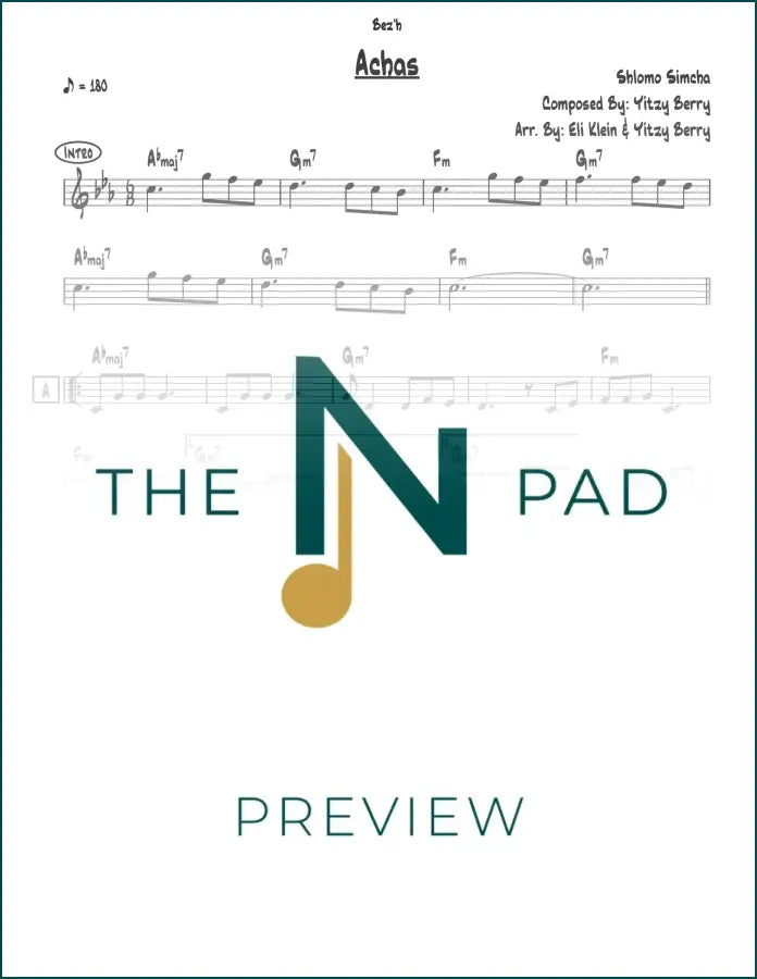 Sheet music for Achas by Shlomo Simcha from The Notation Pad, featuring a lead sheet with musical notes and lyrics.