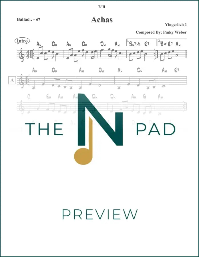 Sheet music for "Achas" by Yingerlich, published by The Notation Pad, showing musical notation on a printed lead sheet.
