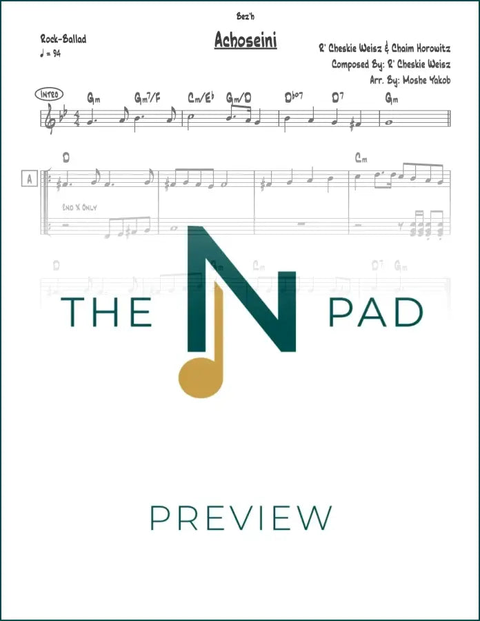 Sheet music titled "Achoseini" by Cheskie Weisz from The Notation Pad, showing musical notes on a printed lead sheet.