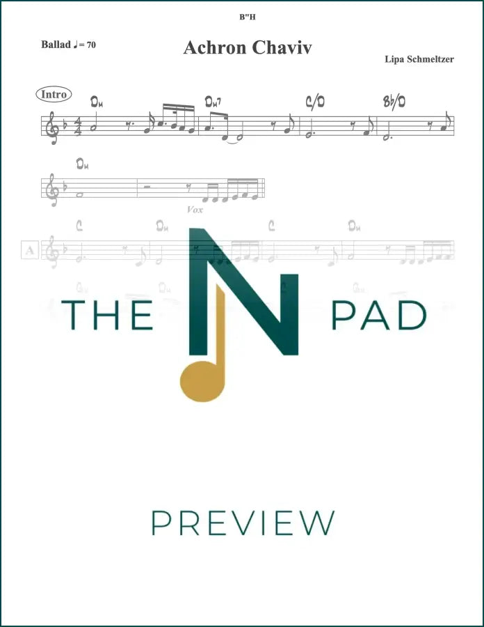 A sheet music lead sheet titled "Lipa" by Achron Chaviv from The Notation Pad, showing musical notes and notation on paper.