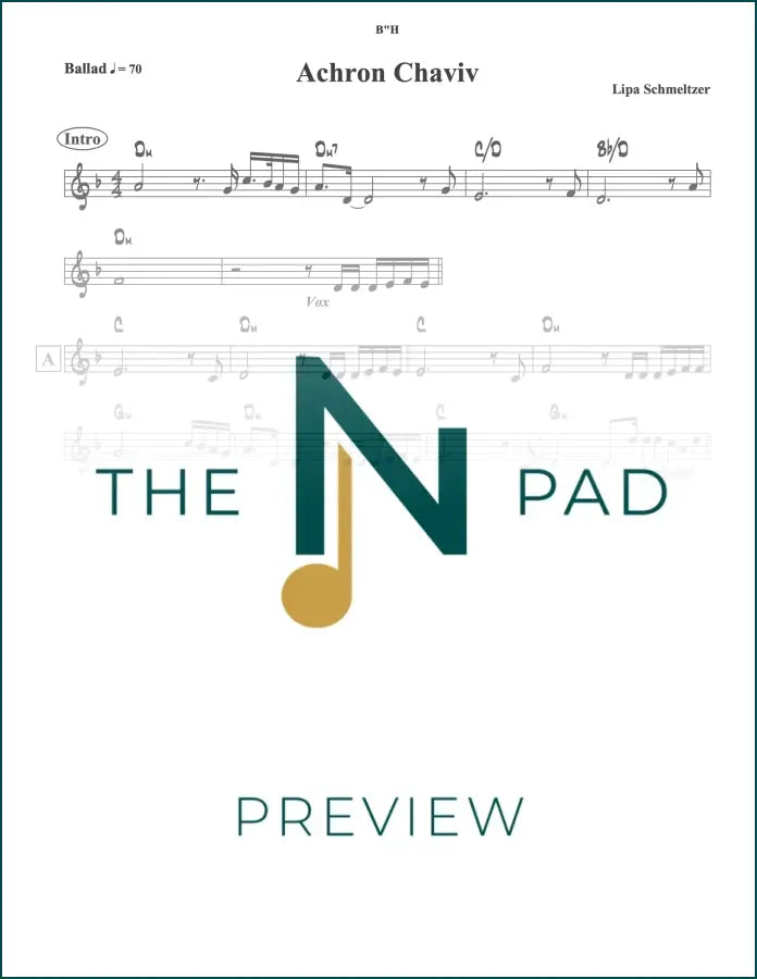 A sheet music lead sheet titled "Lipa" by Achron Chaviv from The Notation Pad, showing musical notes on a printed music page.