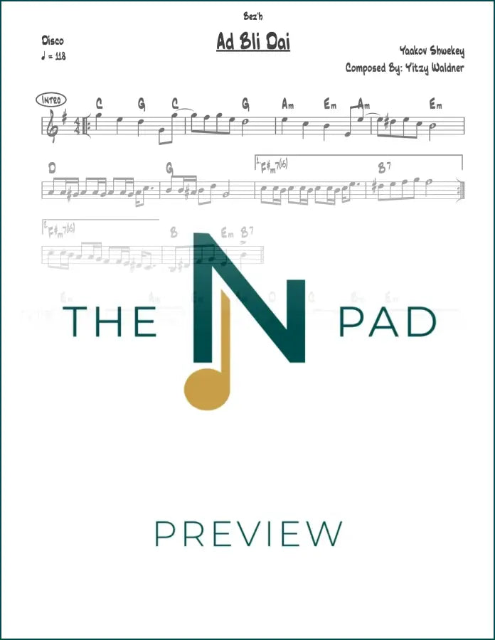 Sheet music for "Ad Bli Dai" by Shwekey from The Notation Pad, showing musical notes on a printed lead sheet.