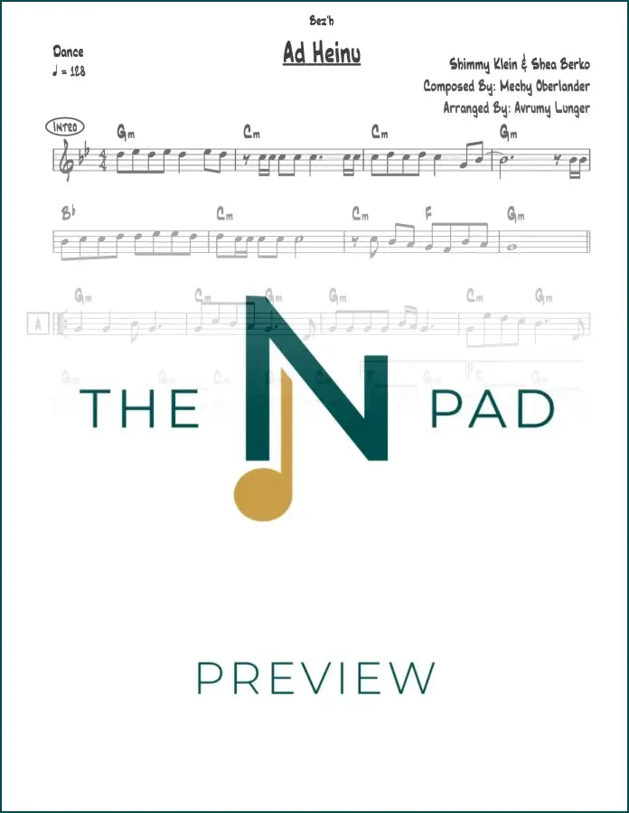 Sheet music titled "Ad Heinu - Berko - Klein" by The Notation Pad, featuring a lead sheet with musical notation.