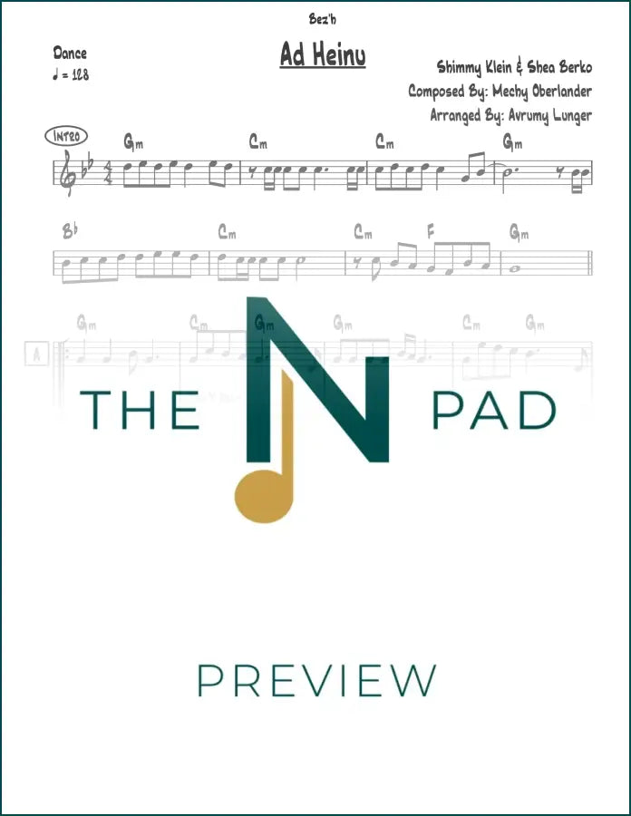 Sheet music titled "Ad Heinu - Berko - Klein" by The Notation Pad, featuring a lead sheet with musical notes and lyrics.