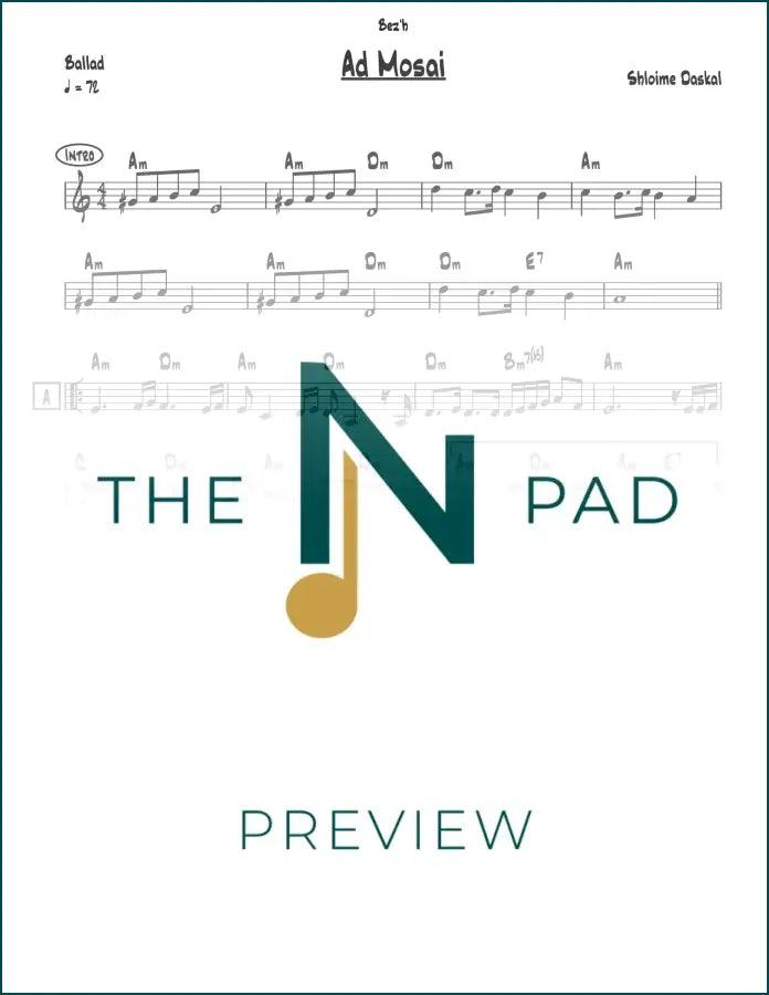 Sheet music titled "Ad Mosai - Daskal" by The Notation Pad, featuring musical notation on a printed lead sheet.