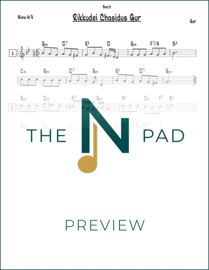 Sheet music for Adam Harishon Niggun by The Notation Pad, featuring lead sheet with musical notation on white background.