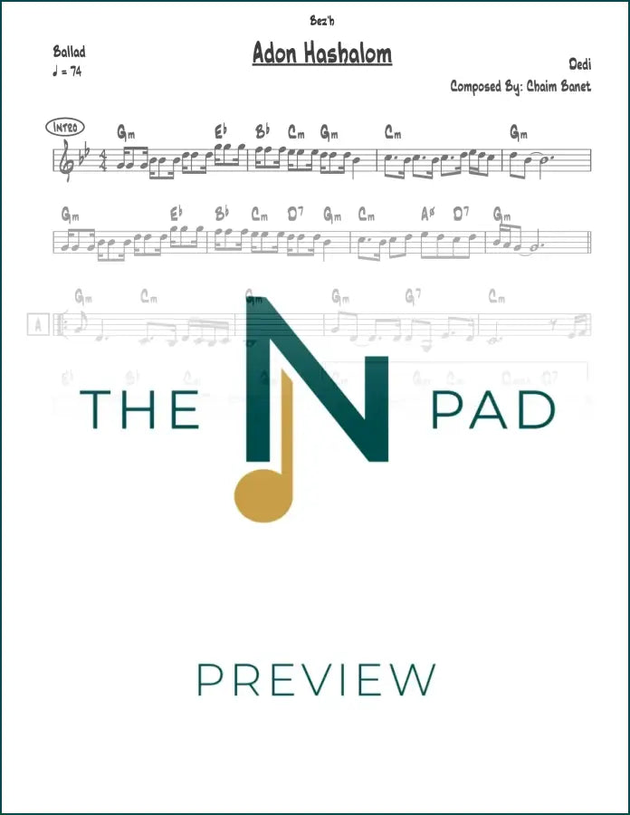 Sheet music for "Adon Hashalom" by The Notation Pad, a detailed lead sheet with musical notes and lyrics.