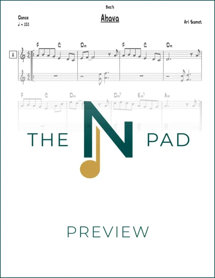 Sheet music for "Ahava" by Ari Samet from The Notation Pad, showing musical notes on a printed lead sheet.