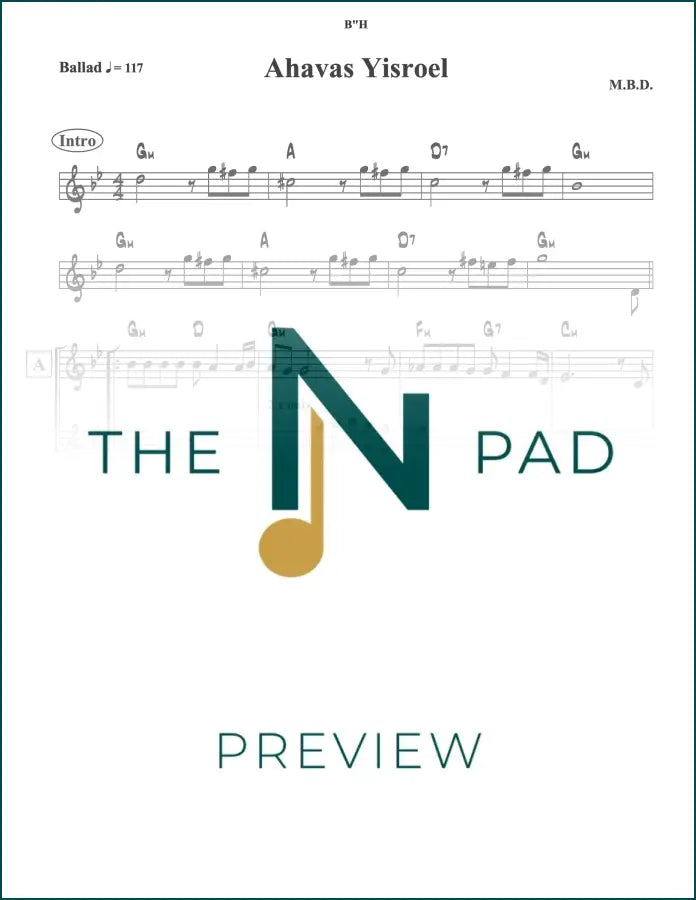 Sheet music for Ahavas Yisroel by MBD, published by The Notation Pad, showing musical notes and lyrics on the lead sheet.
