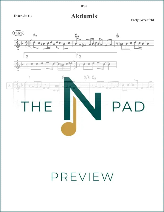 Sheet music titled "Akdumis" by Greenfeld from The Notation Pad, featuring a lead sheet with musical notation.