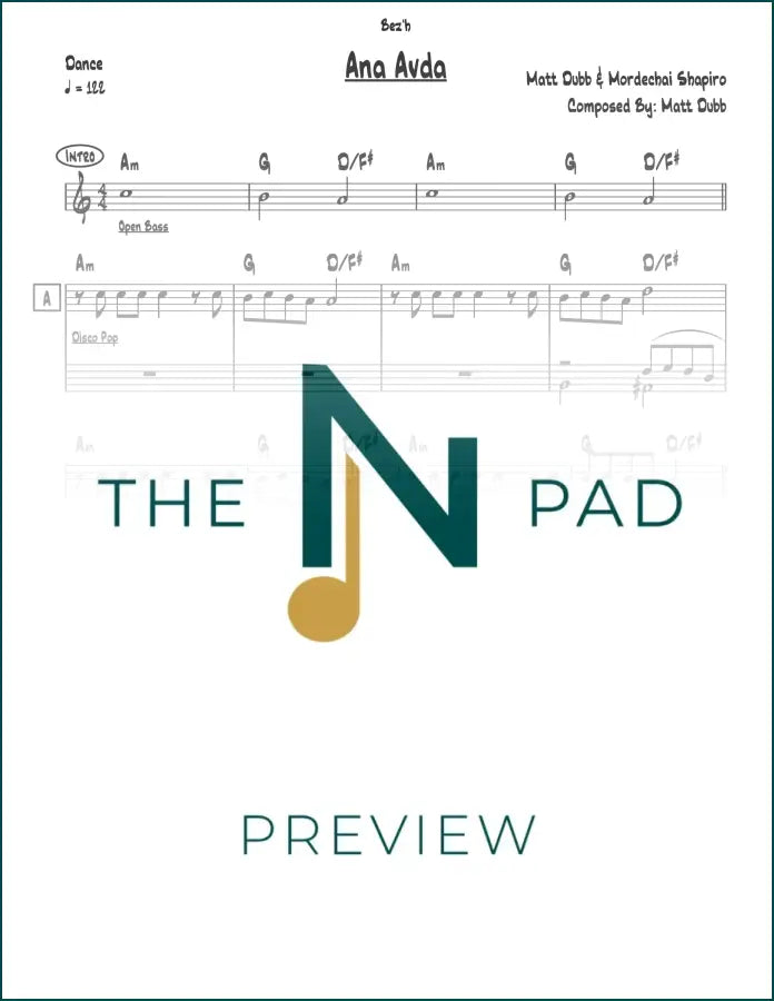 Sheet music for "Ana Avda" by Matt Dubb, a lead sheet from The Notation Pad, featuring musical notation on the music stand.