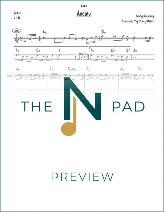 Aneinu sheet music by The Notation Pad, showing lead sheet with musical notes and lyrics on a white background.