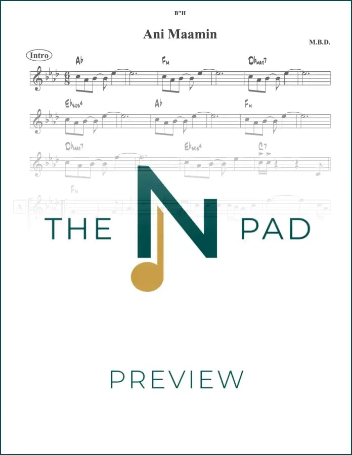 Sheet music for Ani Maamin 6/8 by MBD, performed on The Notation Pad lead sheet, with musical notation visible.