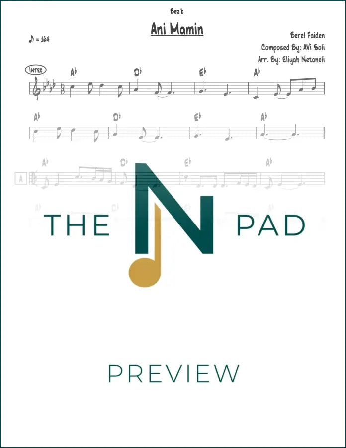 Sheet music for "Ani Maamin" by Berel Faiden, published by The Notation Pad, featuring musical notes on a printed lead sheet.