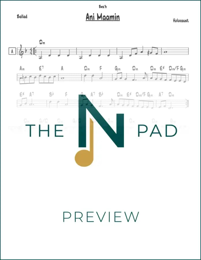 Sheet music for "Ani Maamin - Holocaust" by The Notation Pad, featuring a lead sheet with musical notation and lyrics.