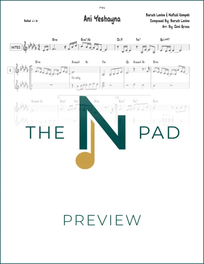 Sheet music for Ani Yeshayna by Levine and Kempeh, published by The Notation Pad, showing musical notes on a page.